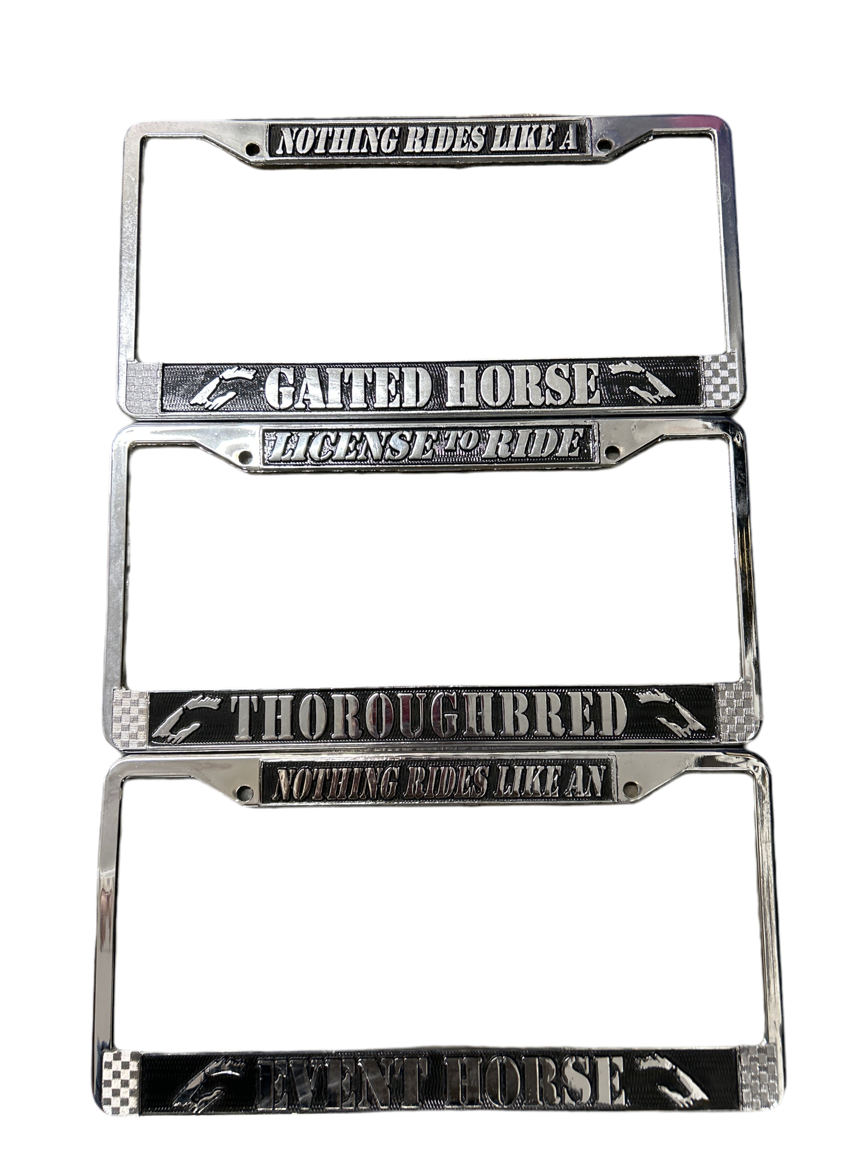Equestrian License Plate Frames in Chrome and Black