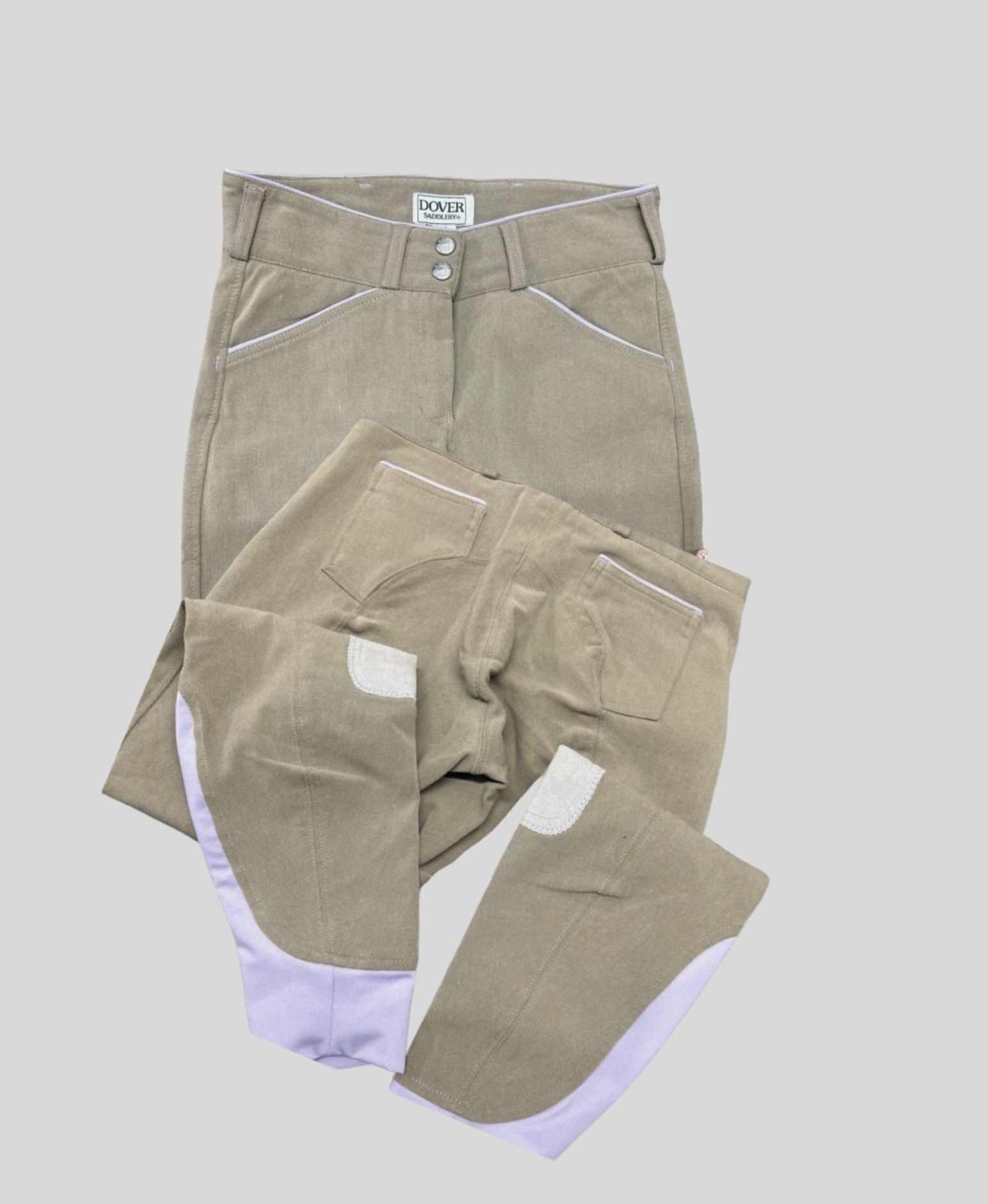 Dover Breeches 24 Dark Tan, Lilac Piping Knee Patch