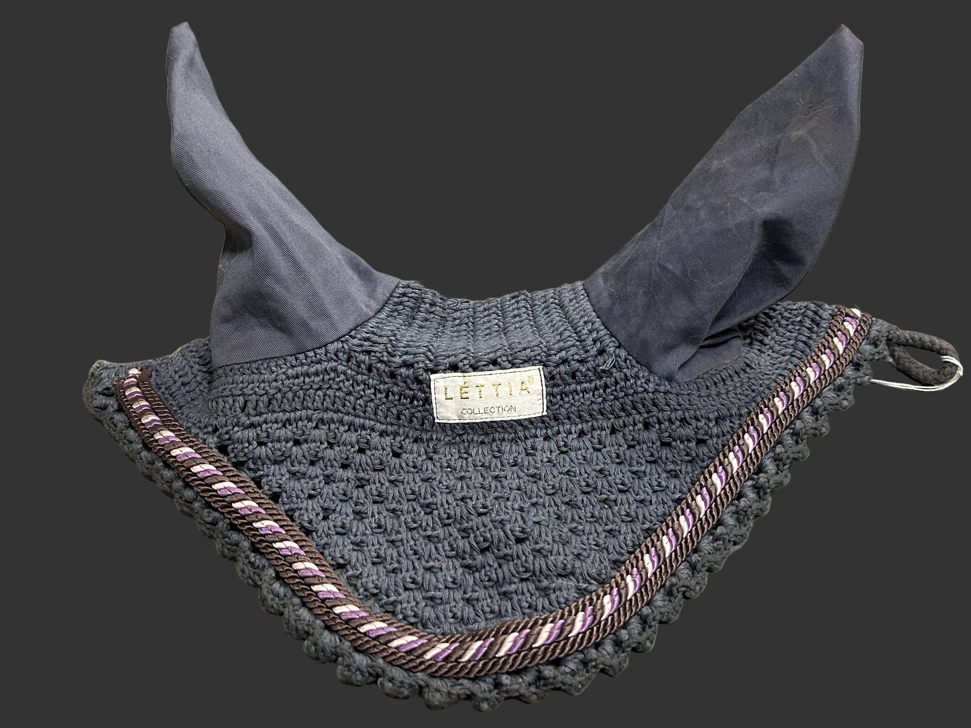 Lettia Ear Bonnet Horse Gray with lavender/brown,white