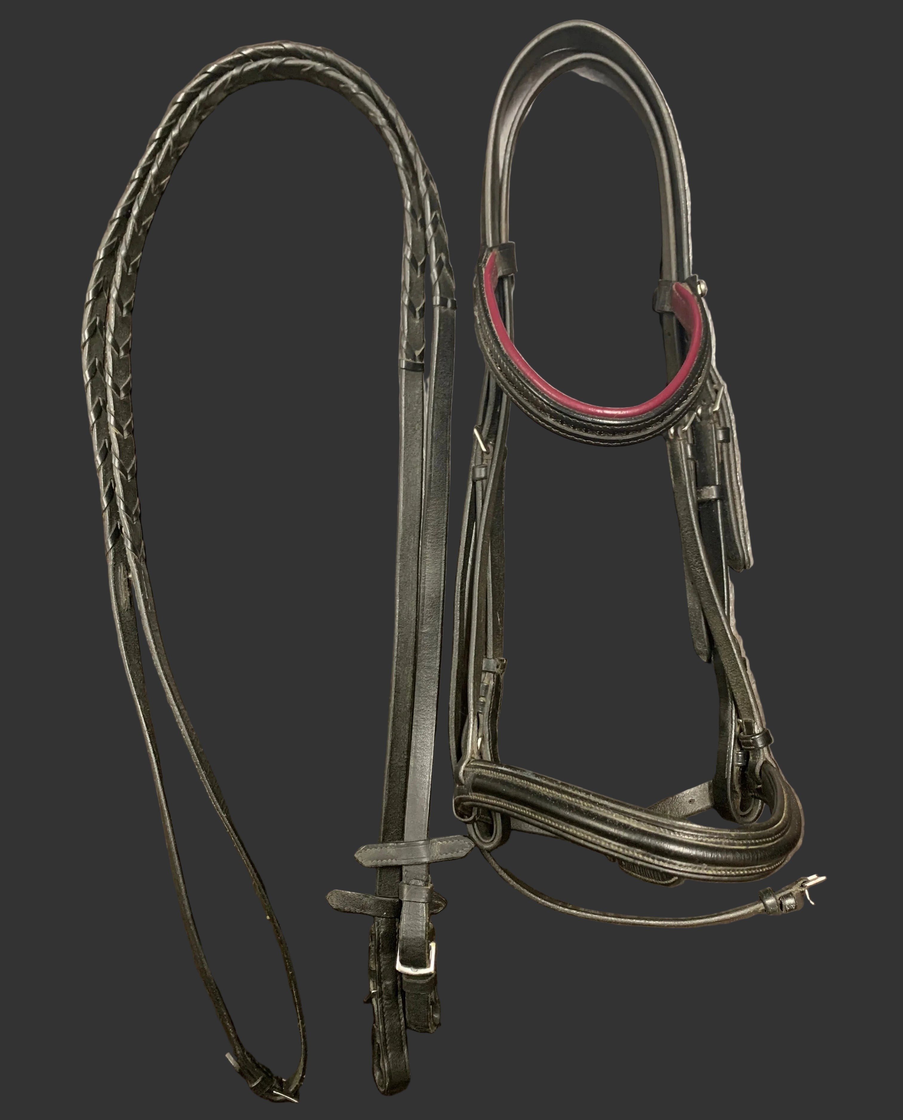 Black bridle with Caveson and Mauve lining Horse Size