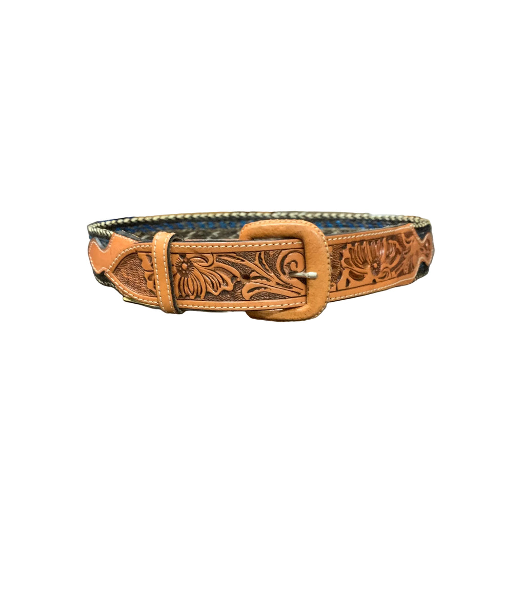 Keystone Light Brown Leather Belt With Horse Hair And Floral Pattern Size 28"