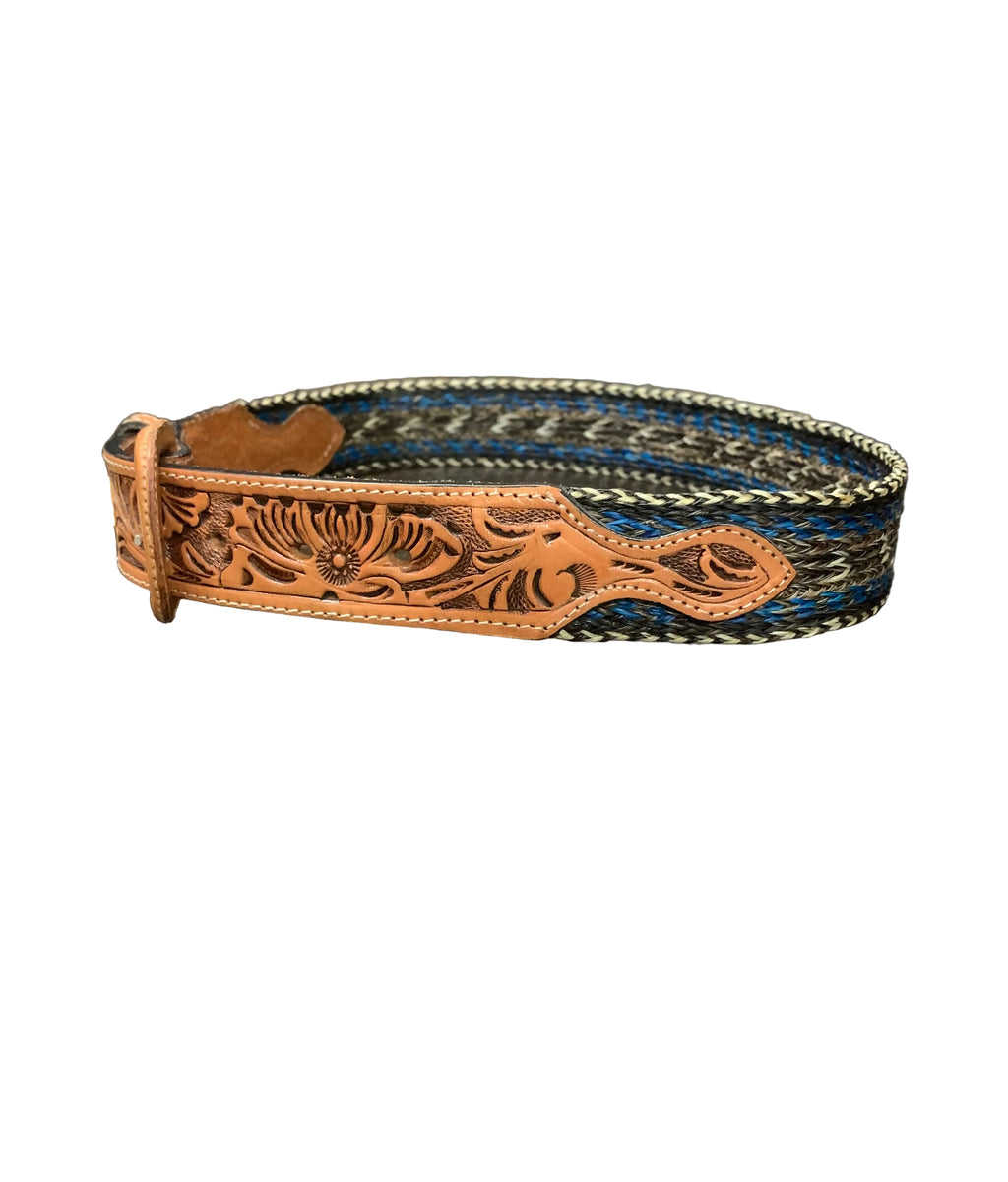 Keystone Light Brown Leather Belt With Horse Hair And Floral Pattern Size 28"