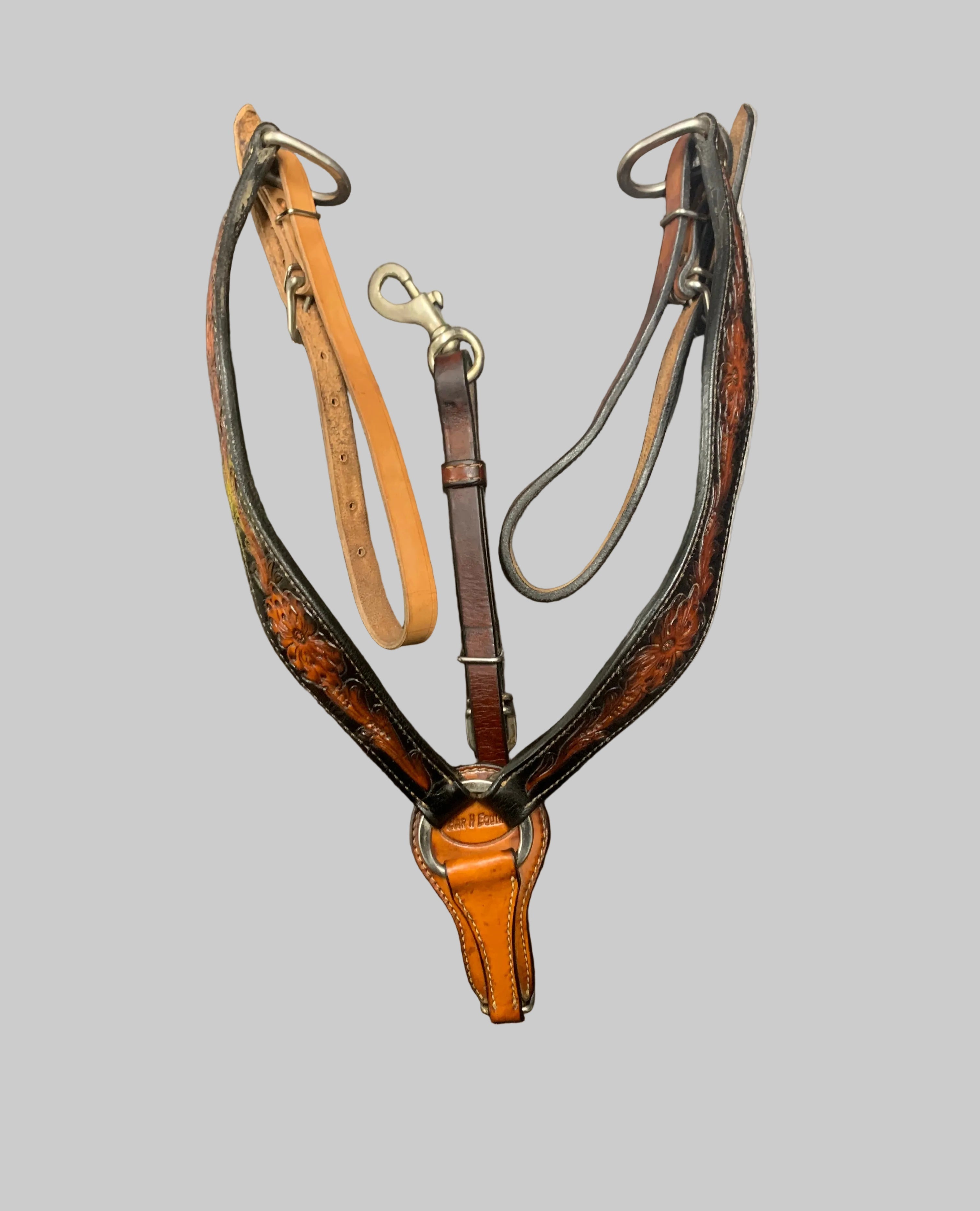 Bar H Equine Brown and Black Leather Breastplate With Floral Design Horse Size
