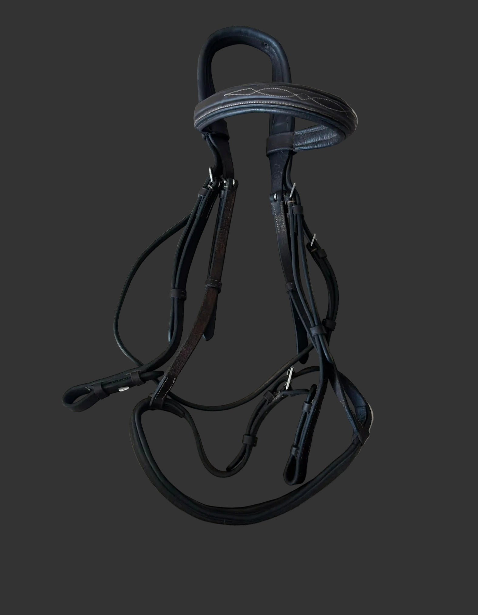 Hunter Raised Headstall With Crank Caveson and Fancy Stitching Dark Brown XLHorse