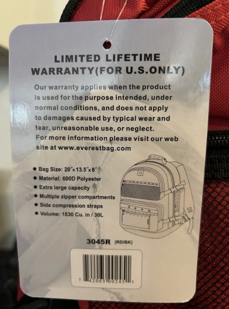 Red back pack Everest Multiple Pockets