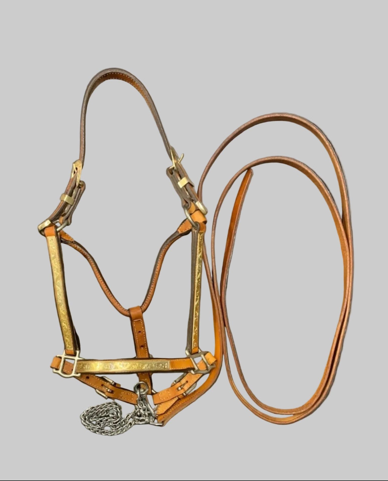 Western Show Halter Set With Chain Lead Light Brown And Brass Small Horse Size