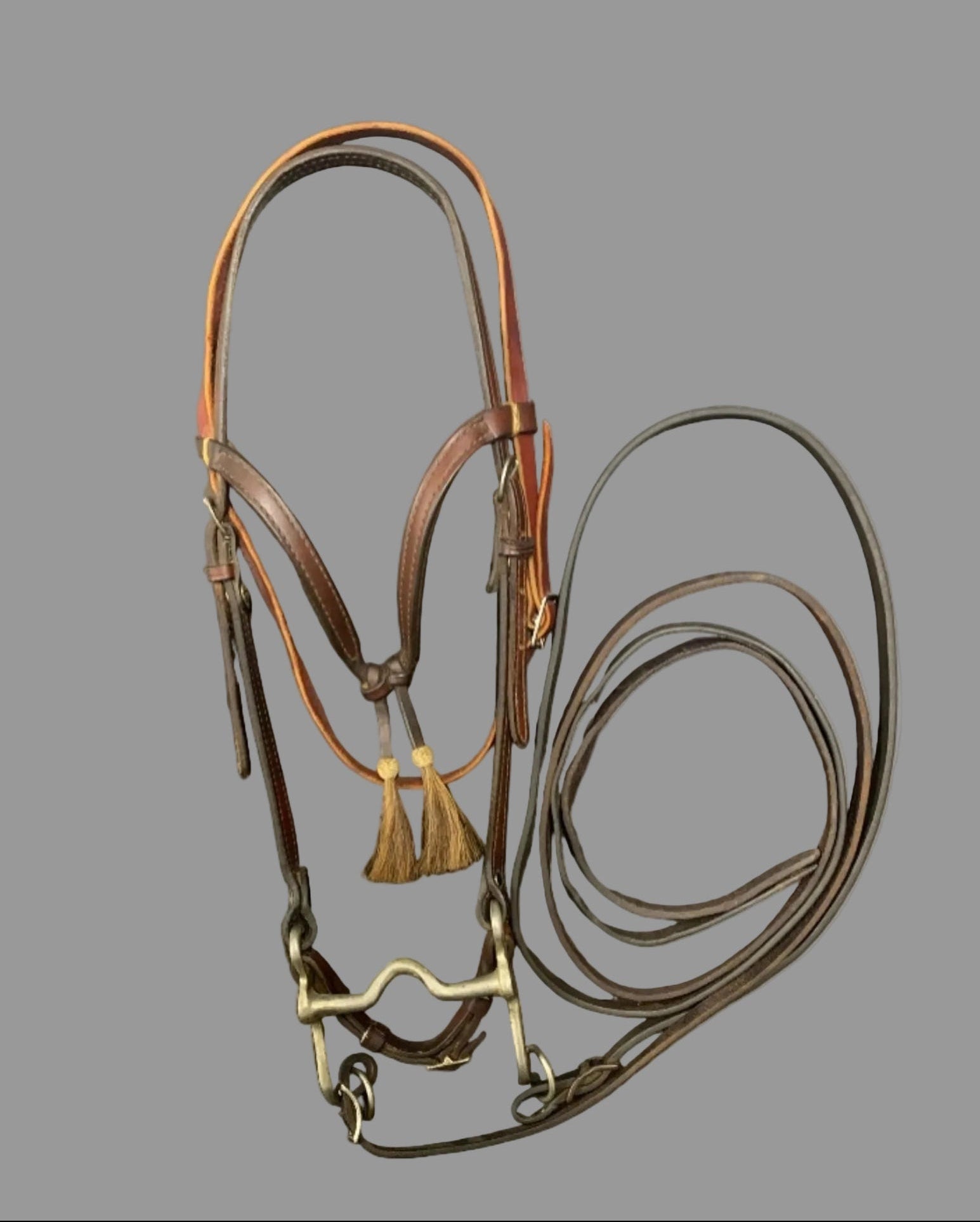 Western Brown Pony Bridle With Split Reins And Horse Hair Tassels